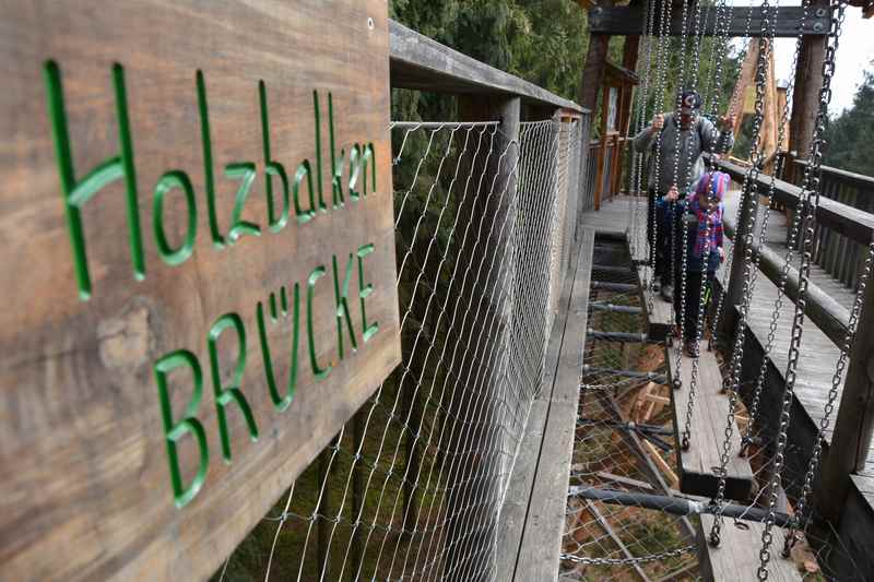 Auch über die Holzbalkenbrücke gilt es am Baumkronenweg zu Balancieren